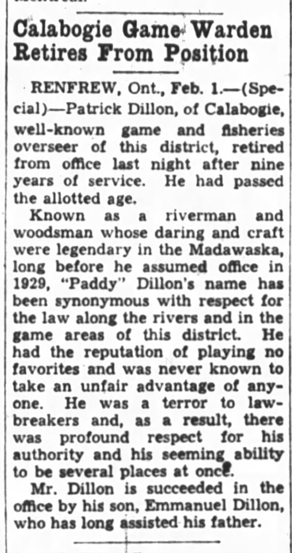 Patrick "Paddy" Dillon retirement in The Ottawa Journal 2 Feb 1938