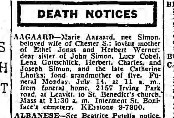 1958 Jul 13 Marie Simon Aagaard obituary