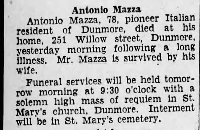 Obituary for Antonio Mazza (Aged 78)