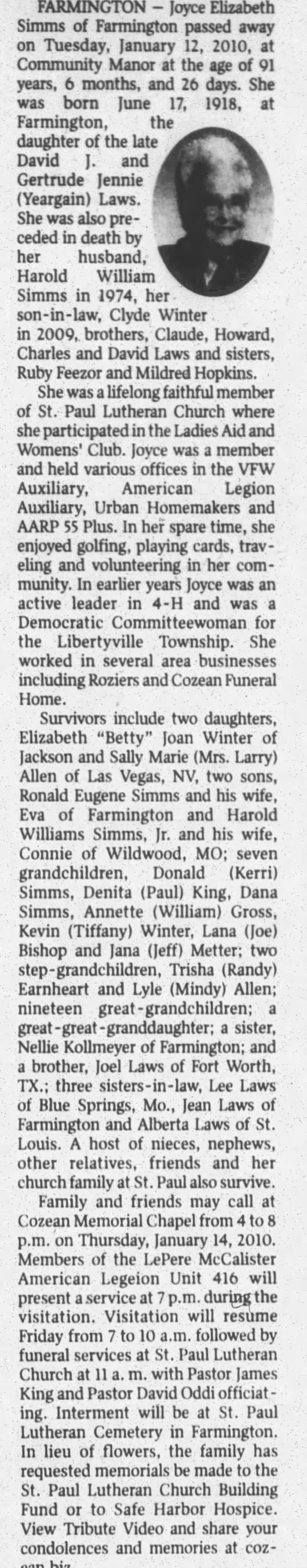Obituary for Joyce Elizabeth Simms