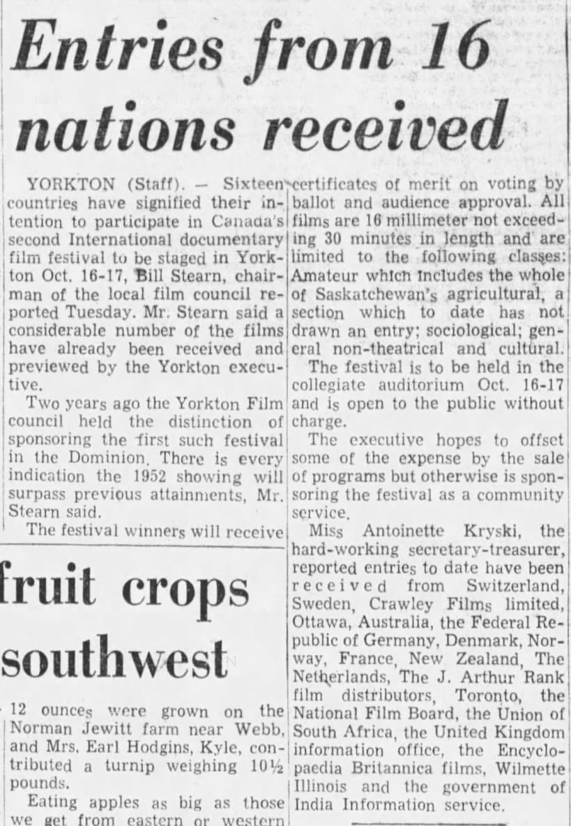Entries from 16 nations received. 24 September 1952. The Leader-Post. P.2