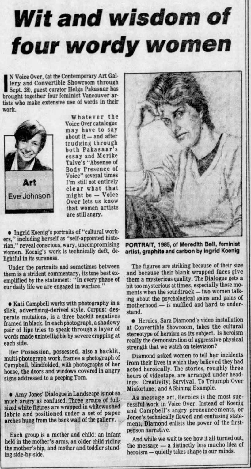 Johnson, Eve. Wit and wisdom of four wordy women. The Vancouver Sun . 18 Sep 1985. P 33.