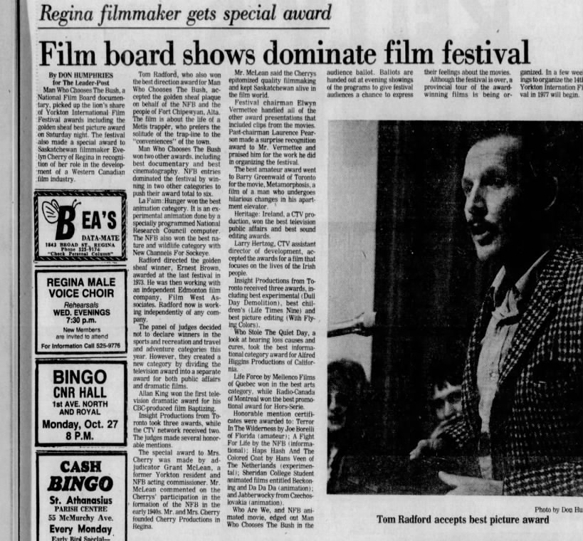 Humphries, Don. Film board shows dominate film festival. The Leader-Post. 27 Oct 1975. P 7.
