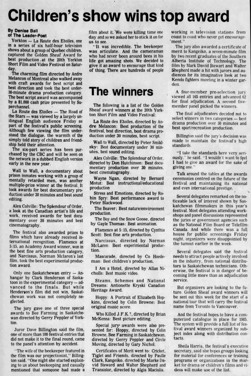 Ball, Denise. Children's show wins top award. The Leader-Post. 5 November 1984. P23.
