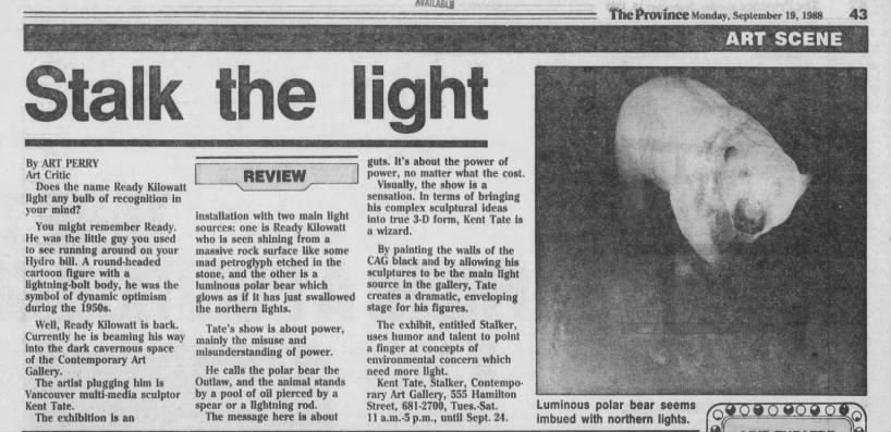 Perry, Art. Stalk the light. 19 Sep 1988. The Province (Vancouver). P. 43.