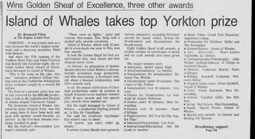 Pilon, Bernard. Island of Whales takes top Yorkton prize. Star-Phoenix. 3 June 1991. P. 29.