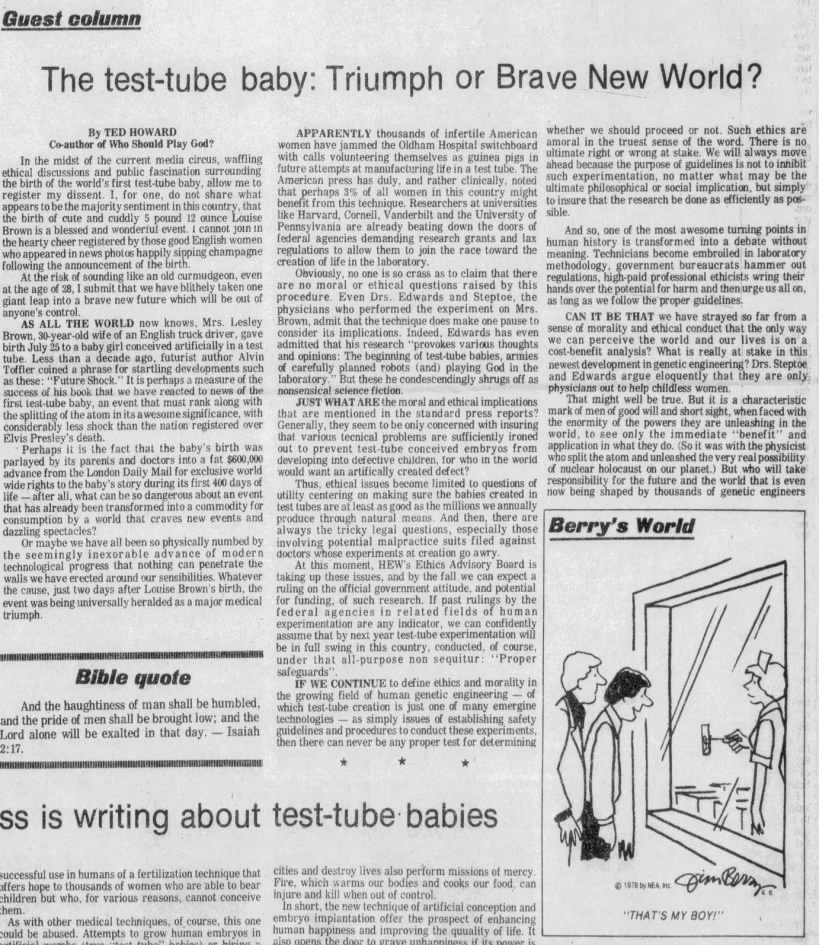 1978 test-tube baby anti-tech editorial.
Aug 78.
First successful TTB was July birth 78.