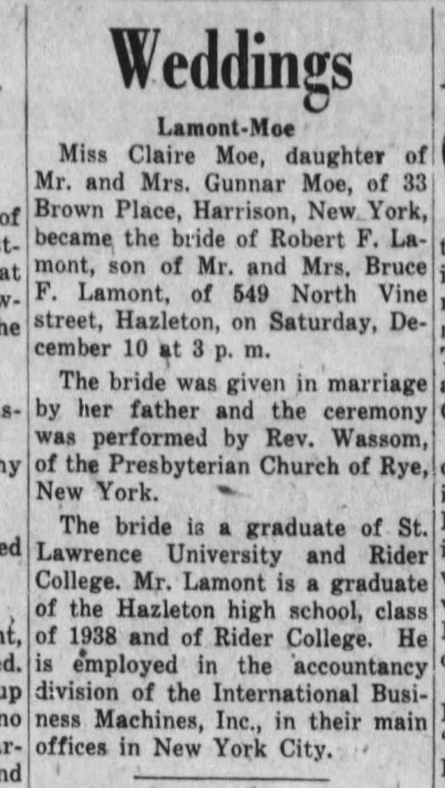 Robert F Lamont Marries 1949