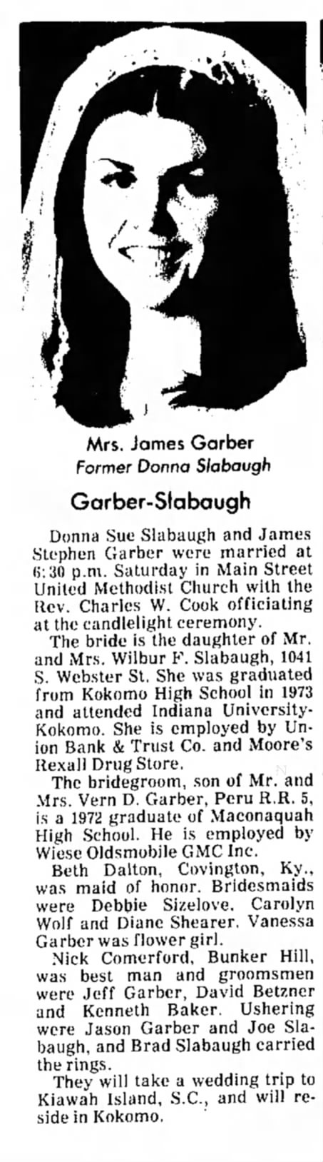 Slabaugh Garber Wedding Kokomo Tribune 10 May 1981