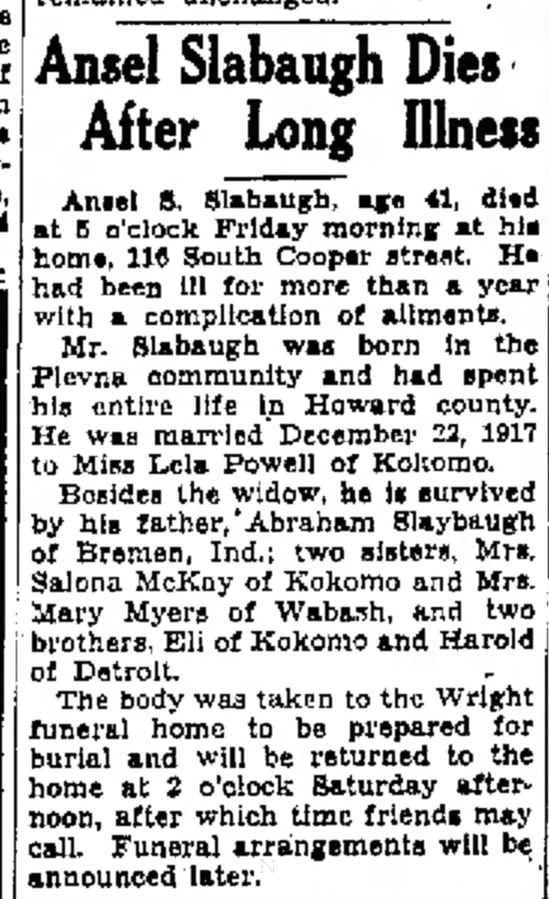 Ansel Slabaugh obit Kokomo Tribune 29 Oct 1937