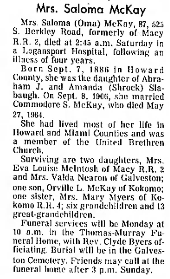Saloma McKay obit - Kokomo Tribune 17 Mar 1974