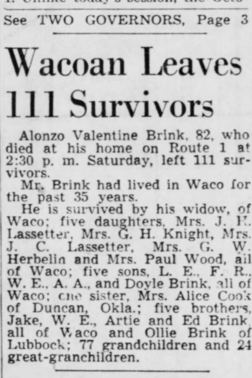 Alonzo Brink obit - Waco Tribune-Herald 18 July 1948
