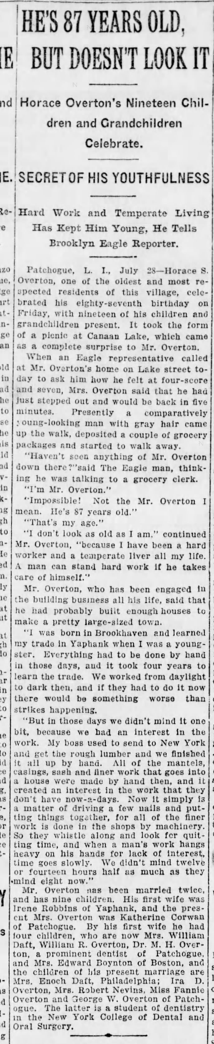 Horace Overton Article, Brooklyn Daily Eagle, 1913