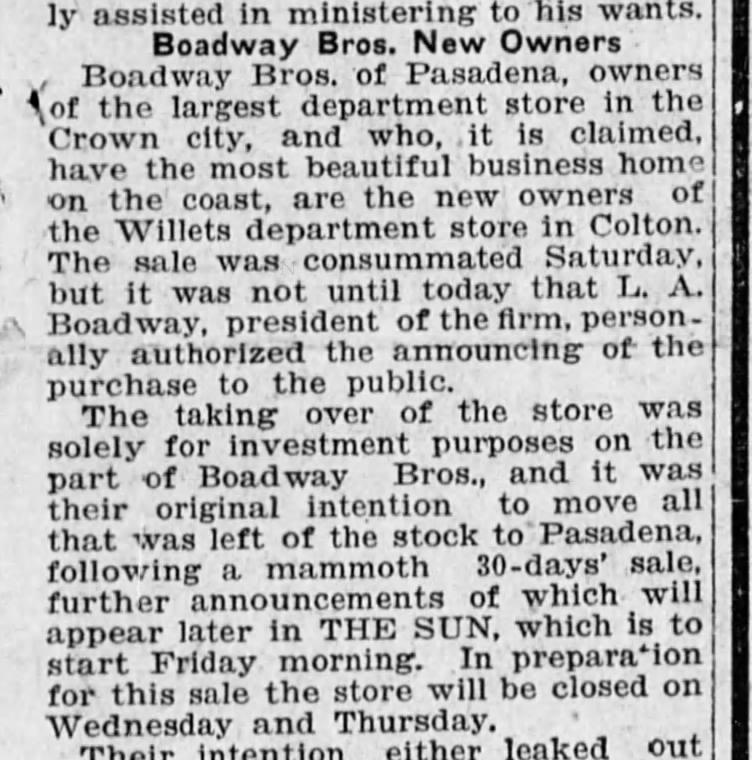 Boadway Bros. New Owners of Willets department store, Colton CA