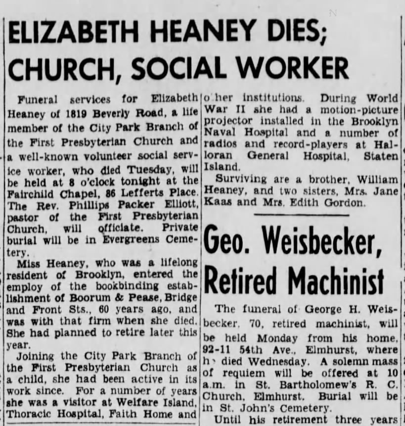 Brooklyn Daily Eagle, 8/9/1946, p. 9; Elizabeth Heaney, Evergreens