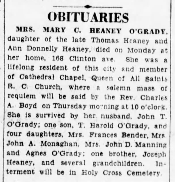 BDE, 12/24/1929, p. 5; Mary Heaney O'Grady; HCC.