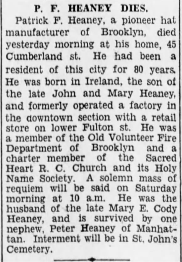 Brooklyn Daily Eagle, 22 February 1929, Patrick Heaney obit