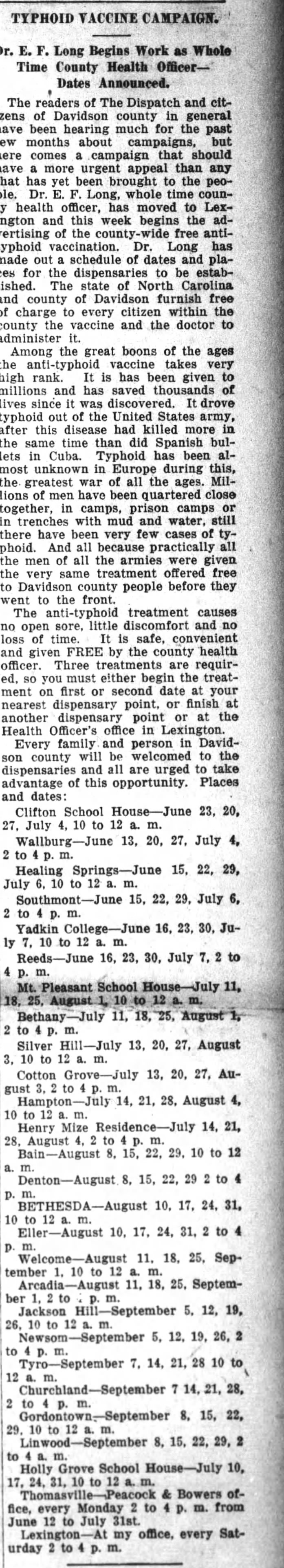 Typhoid Vaccine Campaign. The Dispatch. 7 June 1916