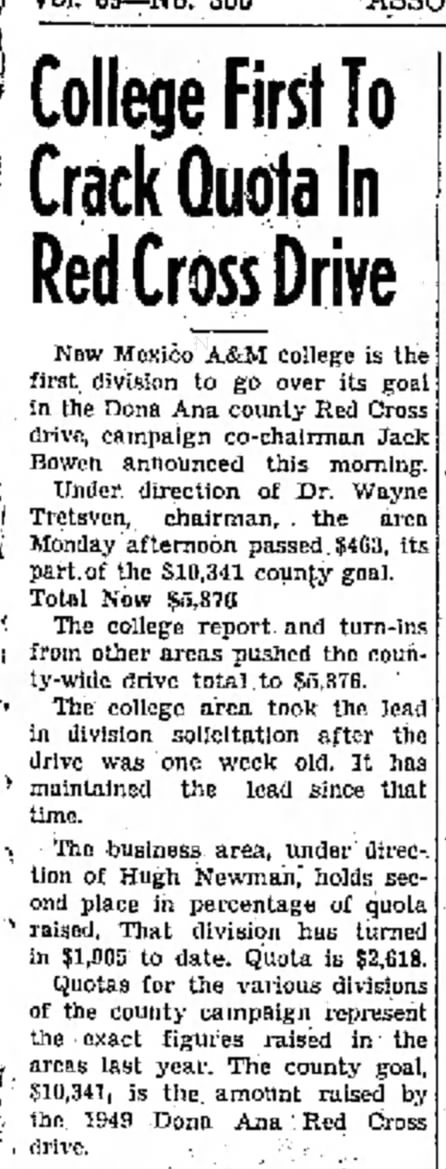 Wayne Tretsven chairman of Red Cross Drive cracks quota,
from Las Cruces Sun-News, 21 Mar 19590