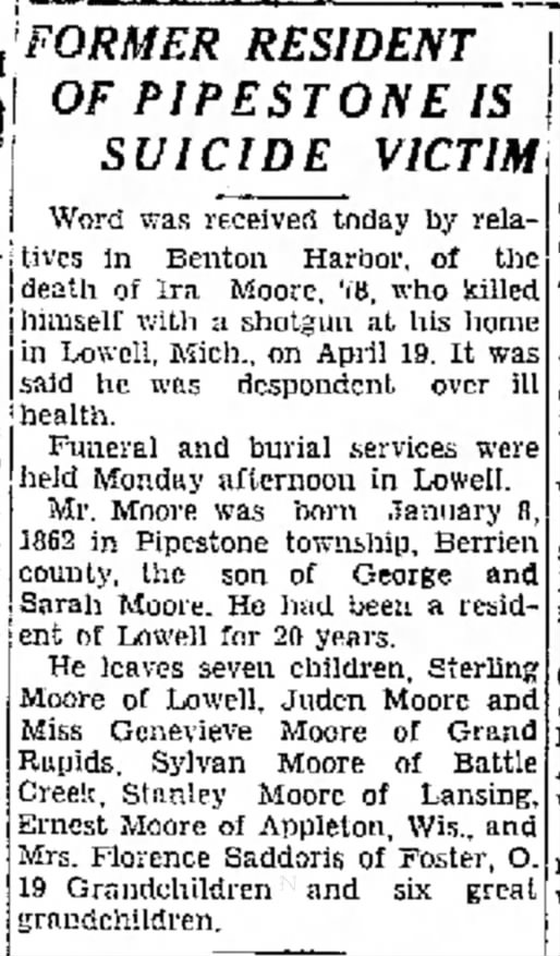 Ira Loren Moore death 19 April, 1940 in Lowell, MI.  List of survivors.  BH N-P, 24 Apr 1940.