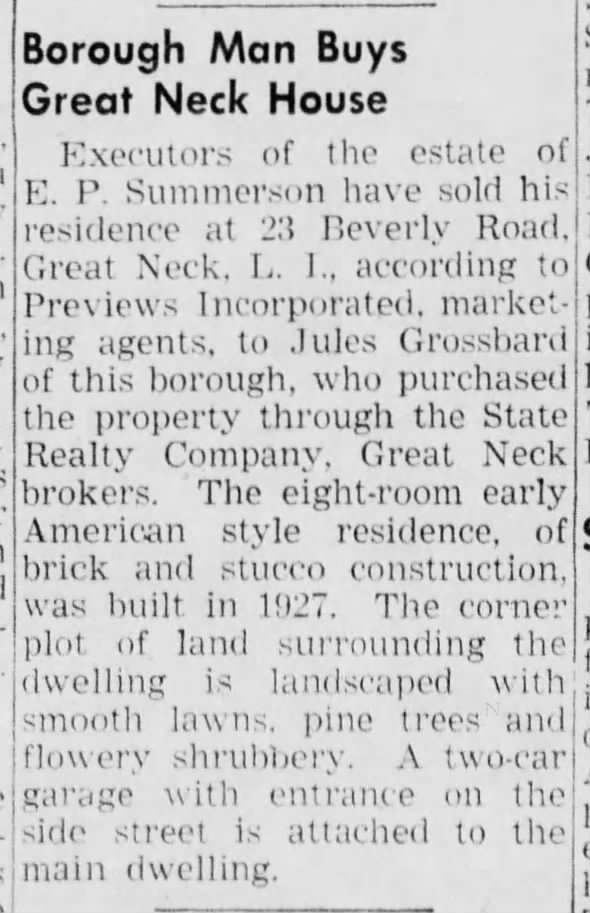 Summerson Great Neck house sold 1948
