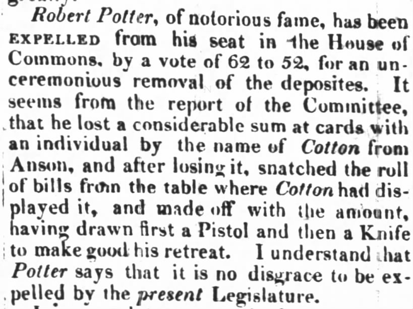 Robert Potter in trouble again and expelled by the Legislature, 1835.
