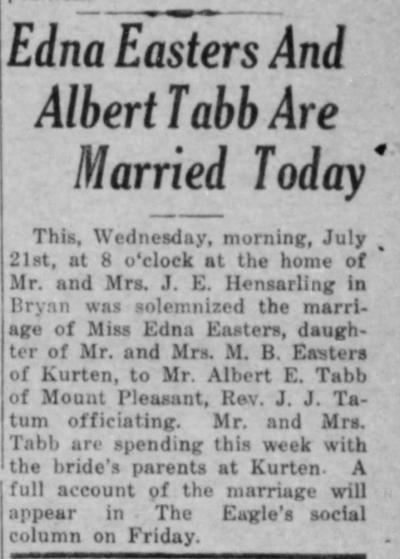 Albert Tabb and Edna Easters marriage