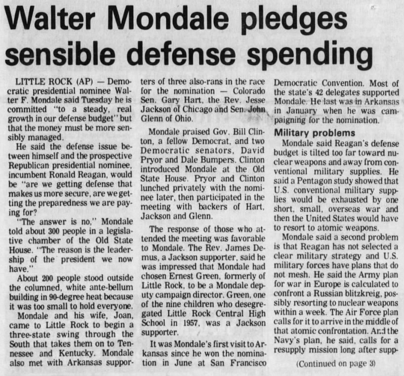 Walter Mondale pledges sensible defense spending
