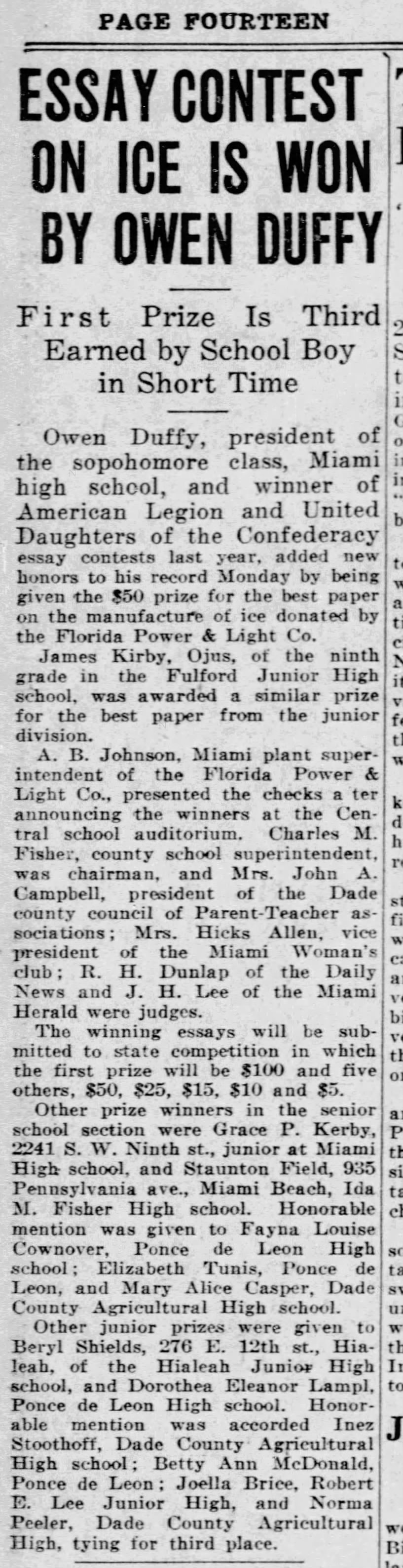 24 april 1928 - Inez Stoothoff of Dade county Agriculture school get honorable mention in essay cont