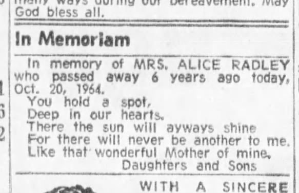 alice radley memorial notice 20 oct 1970