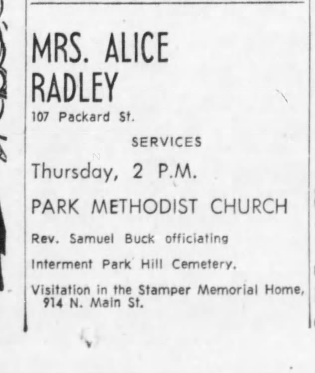 Alice Radley funeral notice 21 Oct 1964