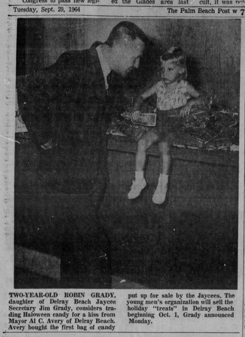 Robin Grady trading Halloween candy for a kiss, Palm Beach Post, 29 Sept 1964, p 21
