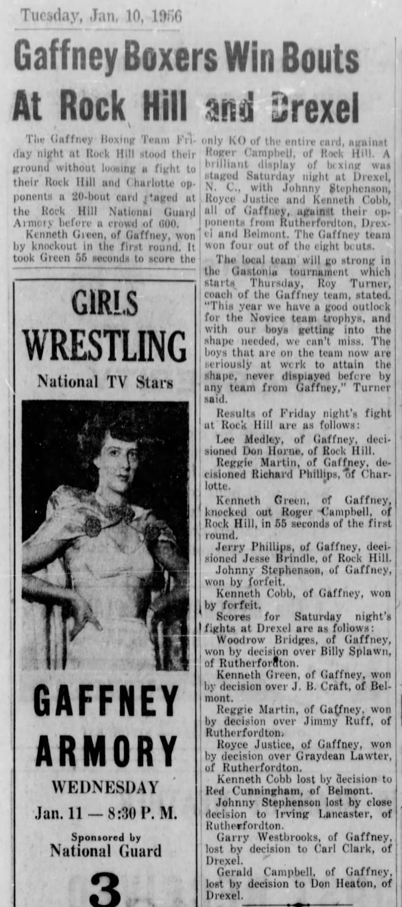 Jan 10, 1956 Gaffney boxers win at Rock Hill and Drexel.