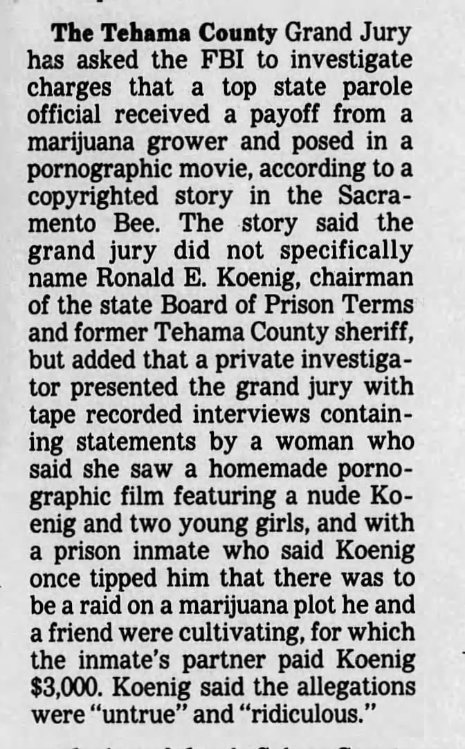 Jul 27, 1987 - Article talking about Pornographic Film with Koenig in it