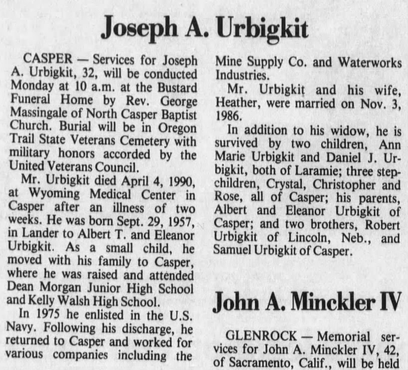 Joe Urbigkit - Obit
Casper Star Tribune - Apr 6, 19960