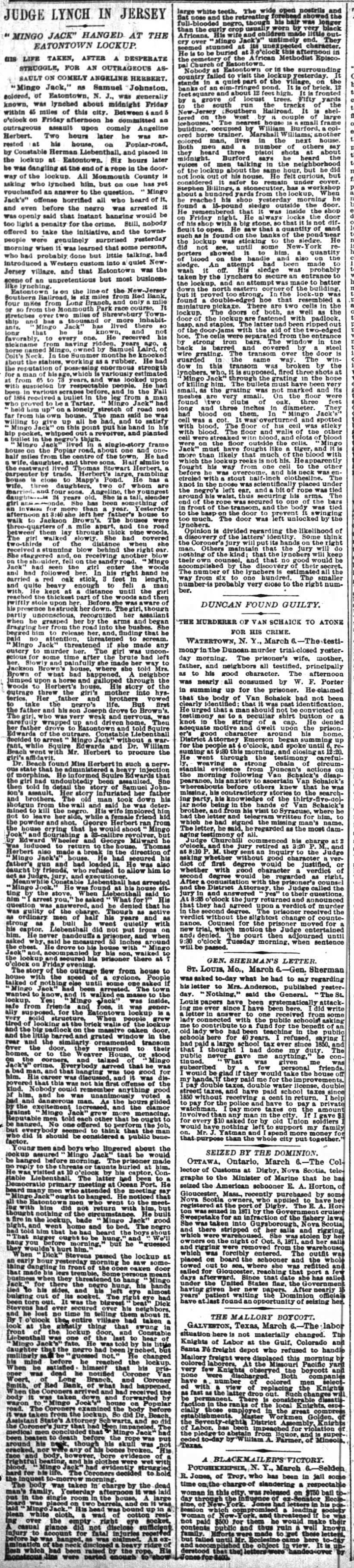 NYT article about lynching of Mingo Jack March 7, 1886