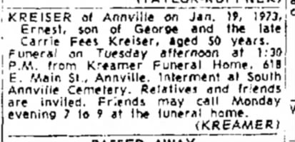 Ernie Kreiser funeral notice