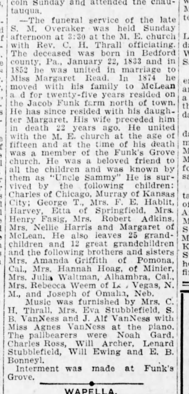 S. M. Overaker funeral info- Pantagraph Aug 20, 1919