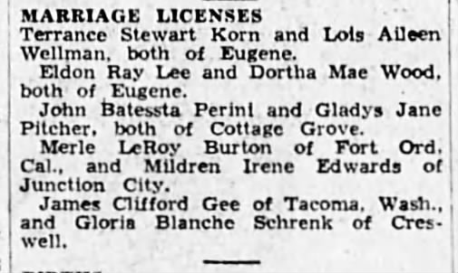Eldon Ray Lee and Dortha Mae Wood Marriage License