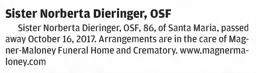 Angierose F Dieringer, (Sister Norberta Dieringer), obituary, 2017