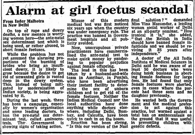 Alarm at Girl Foetus Scandal. The Guardian. 19 Jul 1982, Mon.