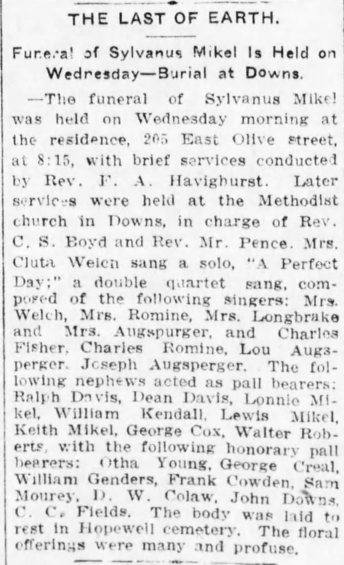 Funeral for Sylvanus Mikel, The Weekly Pantagraph, Bloomington, Illinois, 5 Dec 1913 Page 4
