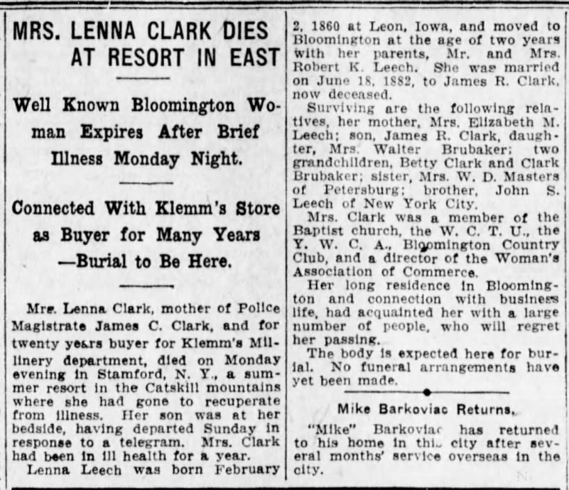 Lenna Leech Clar.  The Pantagraph, Bloomington, IL  6 Aug 1919, Wed. Page 7.