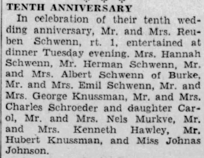 Reuben Schwenn 10th anniversary 1935