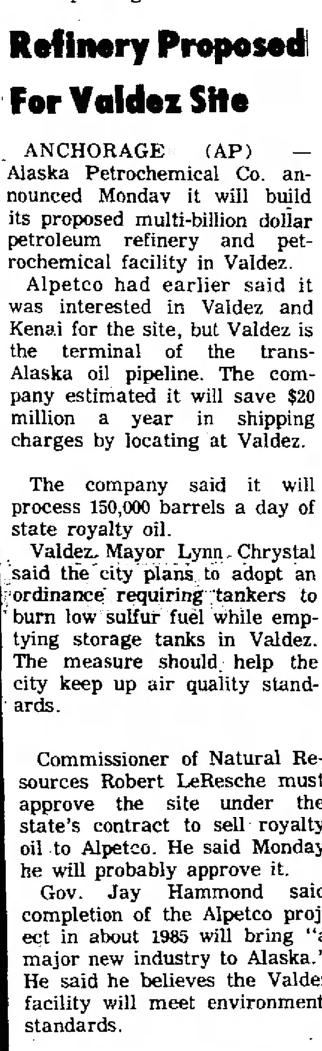 Refinery proposed for Valdez site, 21 November 1978