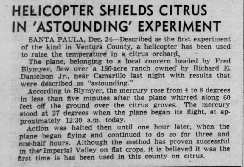 Fred Blymyer experiment in raising temp in Santa Paula Dec 1948