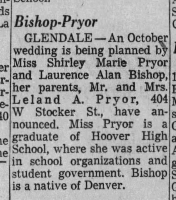 Engagement announcement of Shirley Marie Pryor and Laurence Alan Bishop