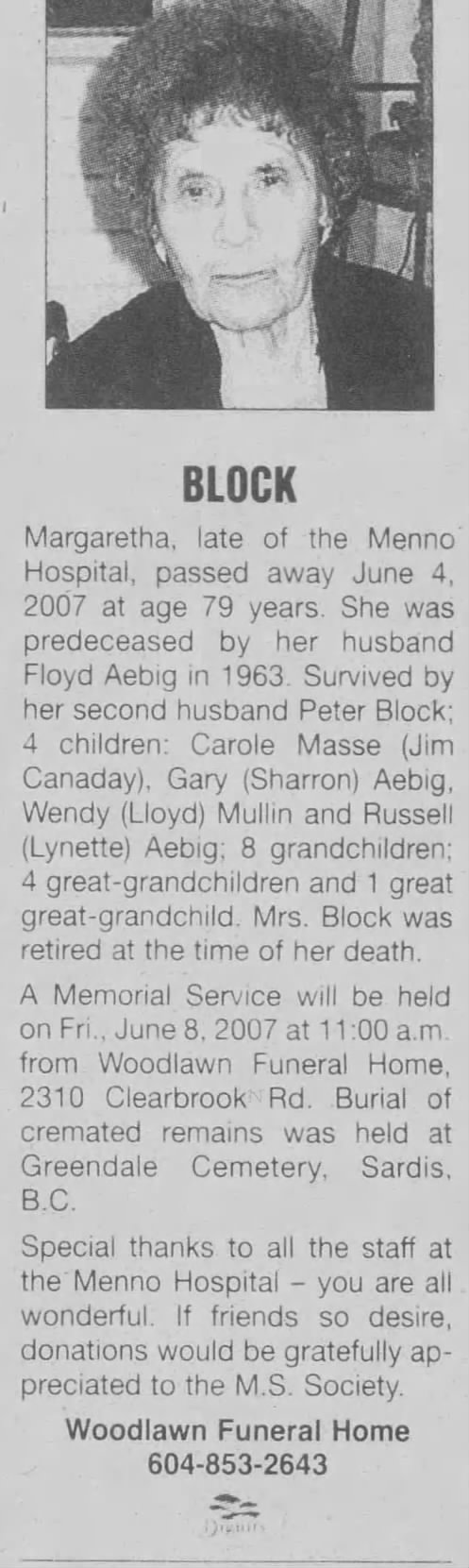 Obituary for BLOCK Margaretha (Aged 79)