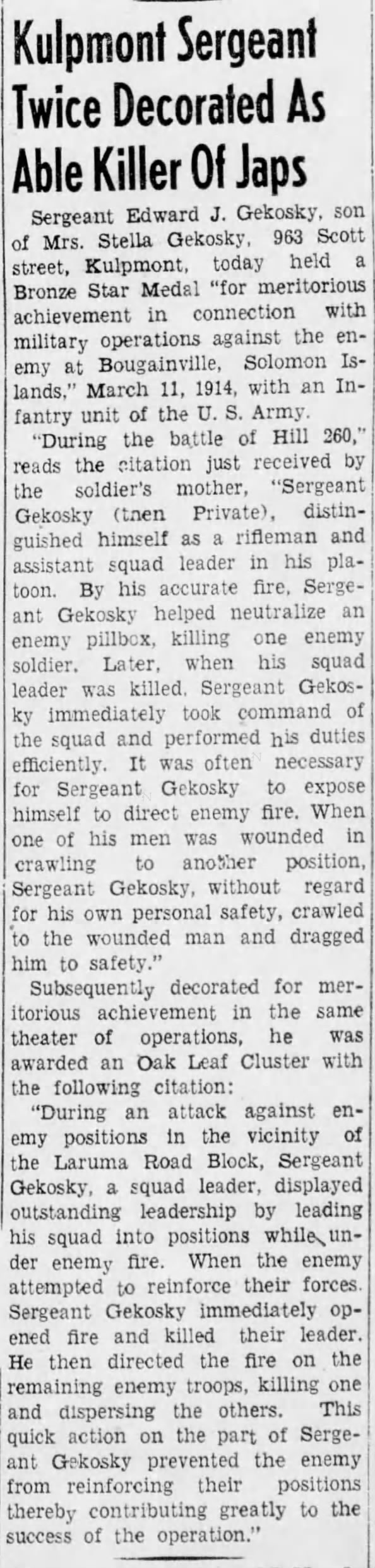 An article about Grandfather Edward Gekosky in WWII South Pacific [Mount Carmel newspaper]