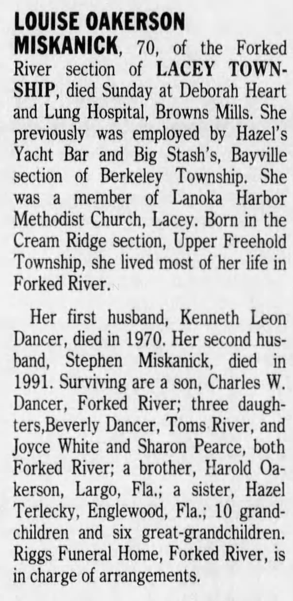 Oakerson,Louise-Obituary Asbury Park Press Tuesday, June 1, 1993 Page 3